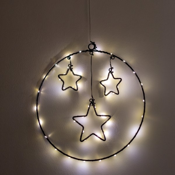 LED-LEUCHTRING MIT 3 STERNEN, 30 cm, Batteriestick, schwarz, mit Timer